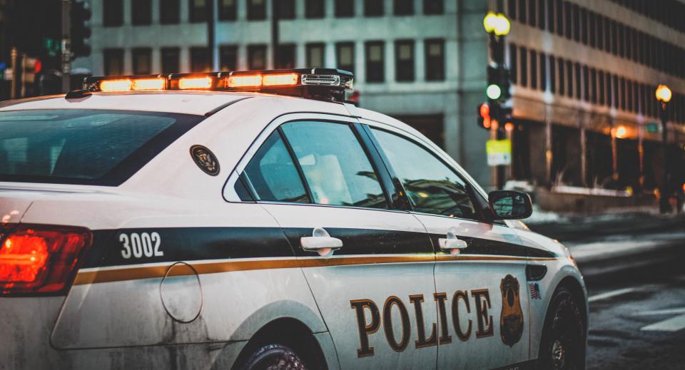 A police patrol car on a city street
