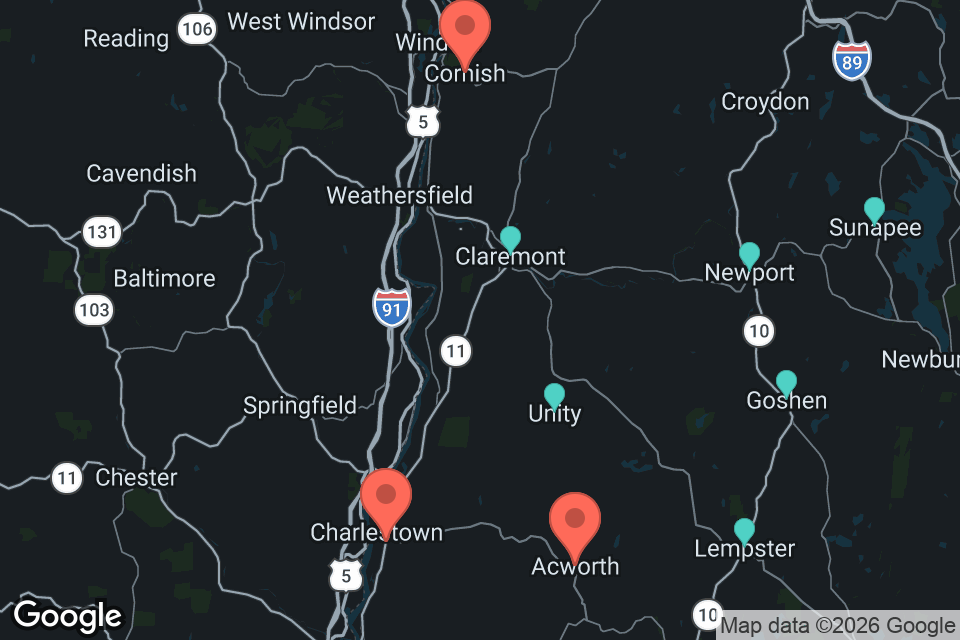 Map showing Acworth, Charlestown and Cornish, NH