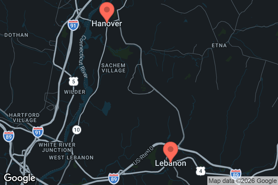 Map showing Lebanon and Hanover, NH