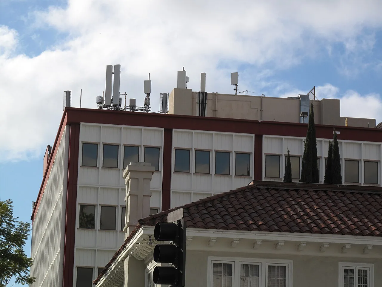 Wireless antennas mounted on a building rooftop